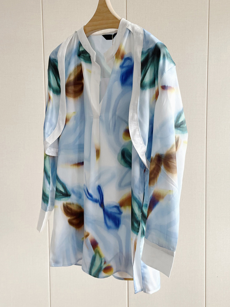 Women's Two Piece Pants TWOTYLE Print Sets For Women V Neck Long Sleeve Hollow Out Tops High Waist Shorts Summer Hit Color 230204