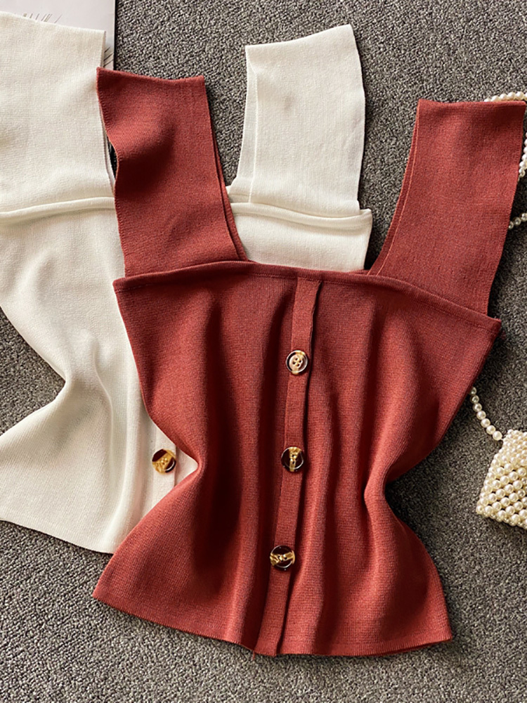 Women's Tanks Camis Summer Knitted Top Buttoned Crop Lady For s Square Neck Spaghetti s 230204Z
