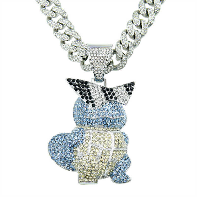 Pendant Necklaces Hip Hop Bling Anime Squirt Turtle Pendant Necklace With Ice Out Crystal Cuban Chain Fashion Carapuce Zenigame Jewelry Dropship G2302