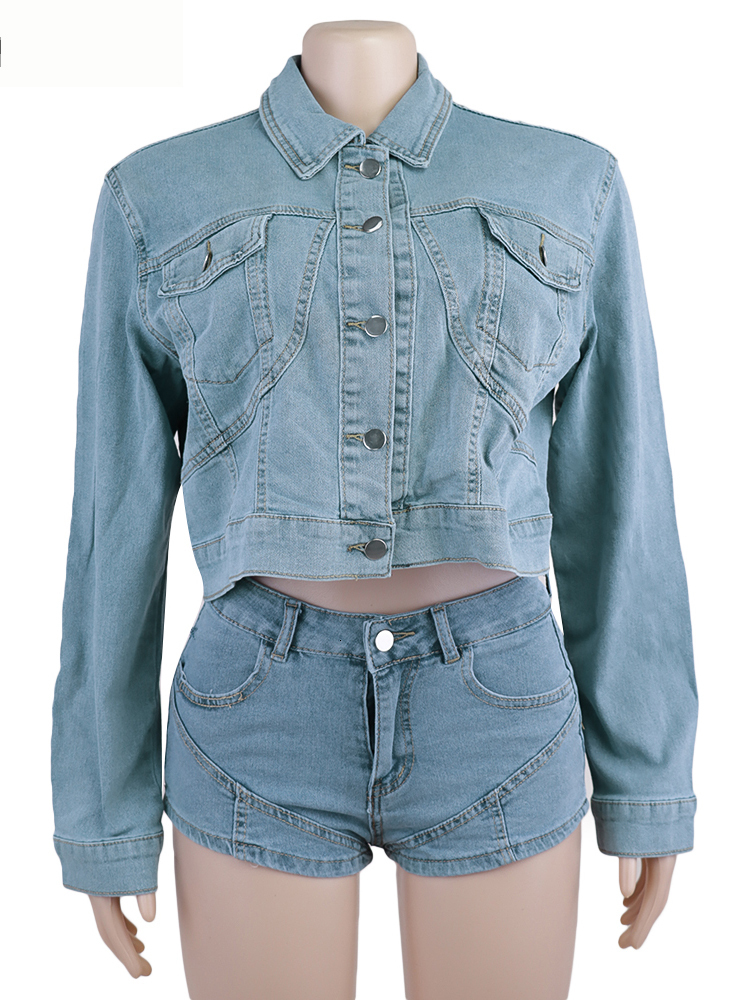 Women's Two Piece Pants Simenual Blue Denim s Set Autumn Preppy Long Sleeve Buttons Lapel Jacket and Pocket Shorts Ladies Chic 230204