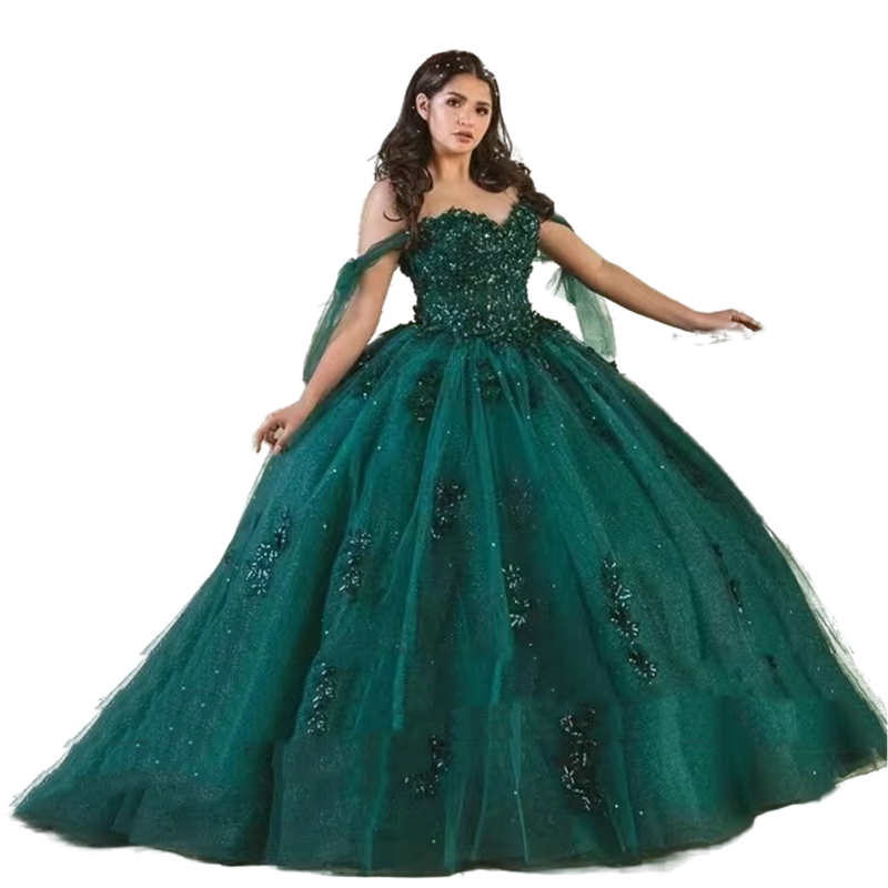 Princess Dark Green Hunter Ball Gown Quinceanera Dresses Off Shoulder Lace Applique Long Plus Size Prom Evening Gowns Beaded Shiny Sweet 15 Dress Vest
