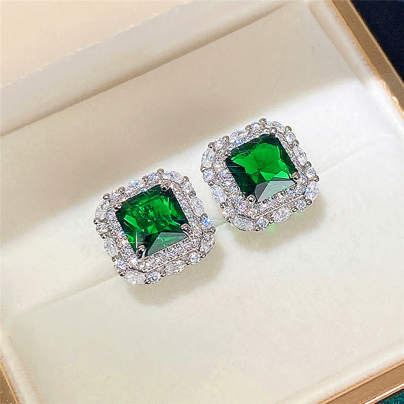 Sterg Sier Emerald CZ Dia Zircon Stud Earrings for Women Wedding Party Gift
