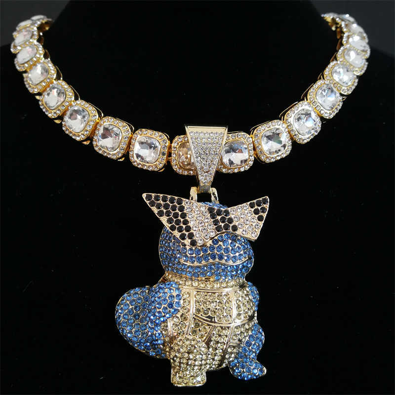 Pendant Necklaces Hip Hop Bling Anime Squirt Turtle Pendant Necklace With Ice Out Crystal Cuban Chain Fashion Carapuce Zenigame Jewelry Dropship G2302