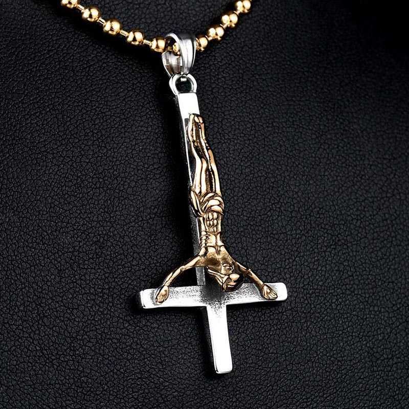 Pendant Necklaces Stainless Steel Satan Inverted Cross Pendant Necklace Devil Lucifer Satanic Jewelry High Quality Fashion Jewelry G230206