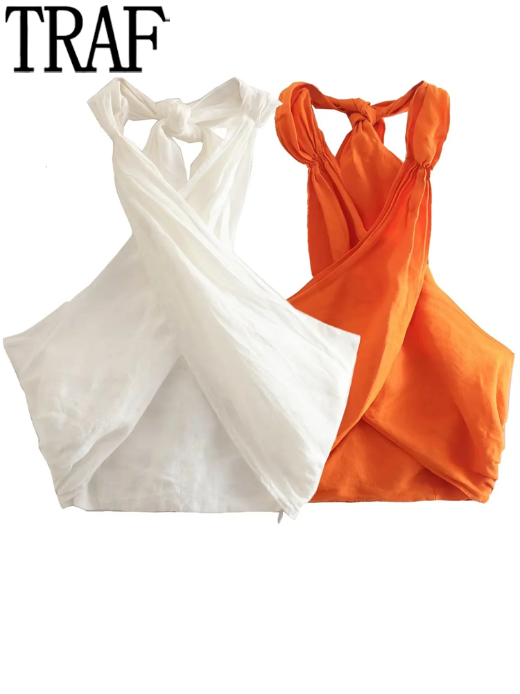 Women's Tanks Camis TRAF White Halter Top Women Backless Crop Sexy Off Shoulder Summer s Y2k Streetwear Orange Sleeveless Tank 230204Z
