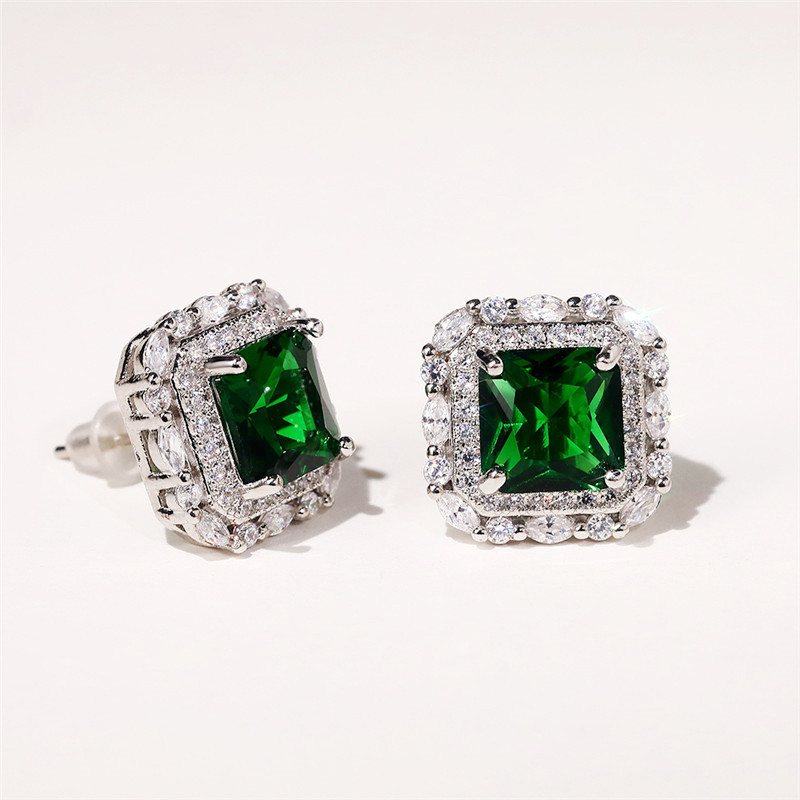 Sterg Sier Emerald CZ Dia Zircon Stud Earrings for Women Wedding Party Gift
