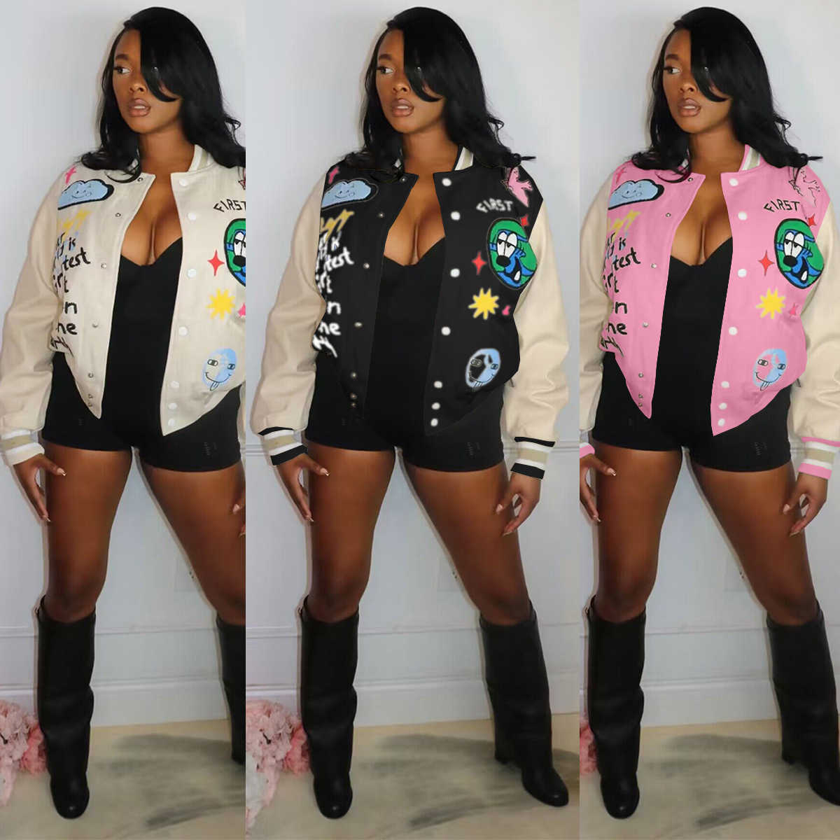 Women Jackets Designer 2023 New Double Layer Thread Positioning Printing Wool elastic Pu Leather Sleeve Coat 3 Colours