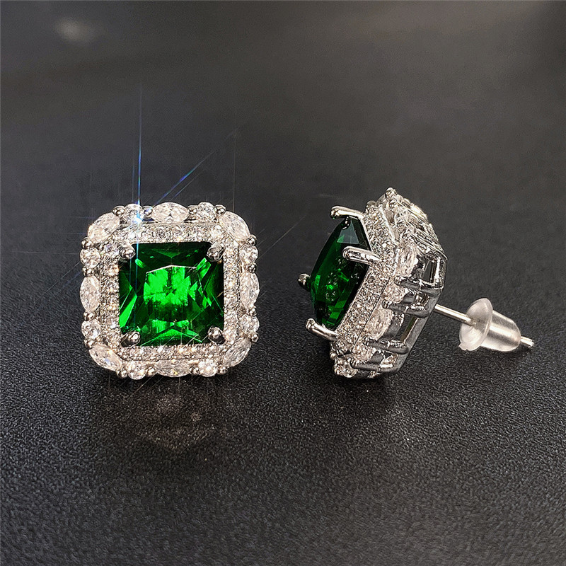 Sterg Sier Emerald CZ Dia Zircon Stud Earrings for Women Wedding Party Gift