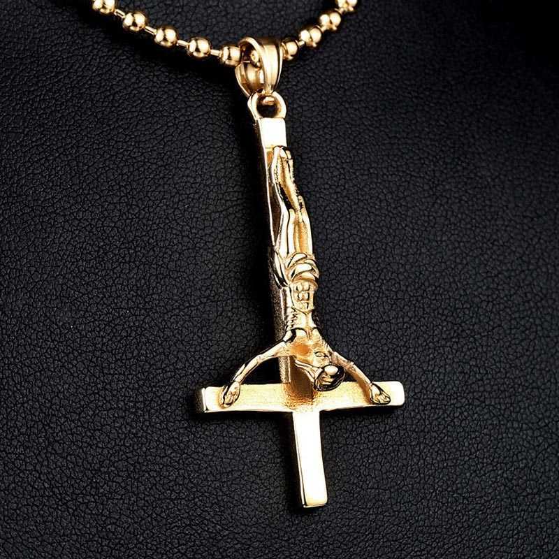 Pendant Necklaces Stainless Steel Satan Inverted Cross Pendant Necklace Devil Lucifer Satanic Jewelry High Quality Fashion Jewelry G230206