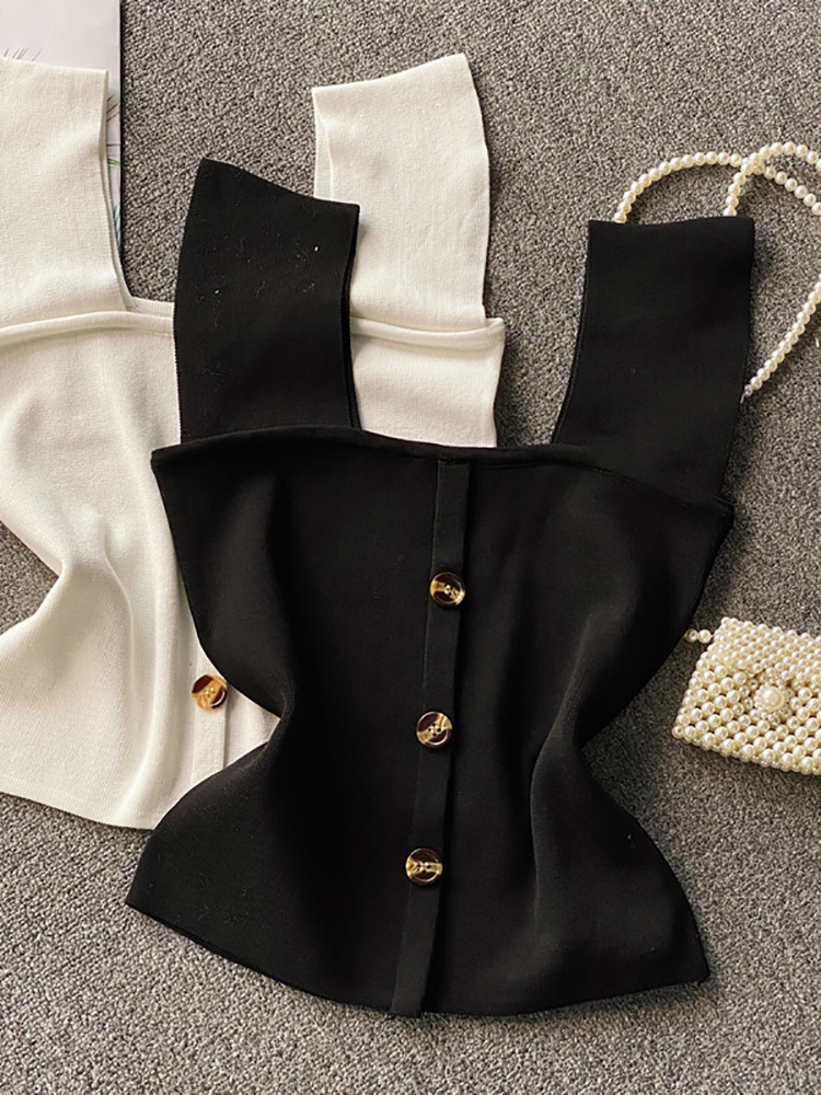 Women's Tanks Camis Summer Knitted Top Buttoned Crop Lady For s Square Neck Spaghetti s 230204Z