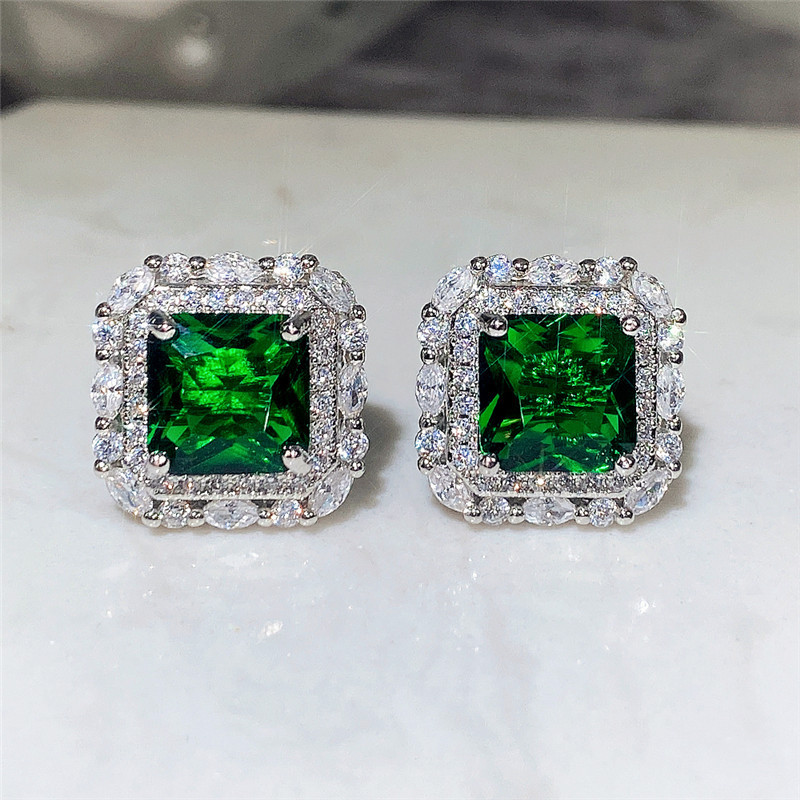 Sterg Sier Emerald CZ Dia Zircon Stud Earrings for Women Wedding Party Gift