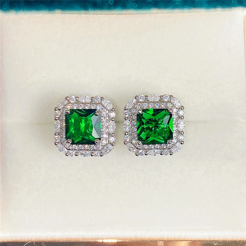 Sterg Sier Emerald CZ Dia Zircon Stud Earrings for Women Wedding Party Gift