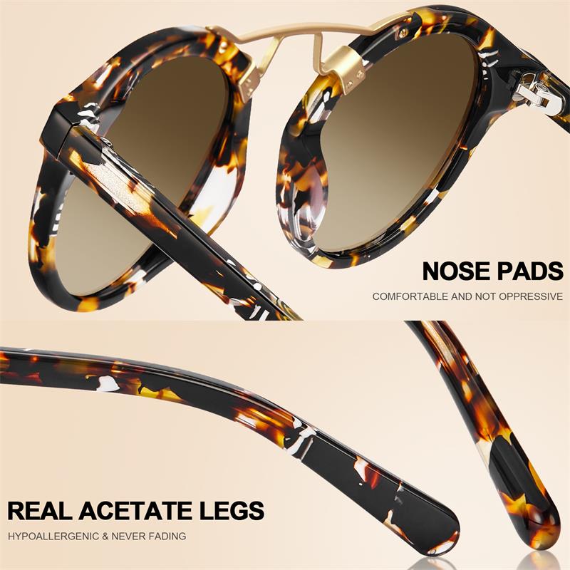 Carfia Small Acetate Polarized Sunglasses for Women, Mirrored Lens Retro Double Bridge Eyewear Metal Brow Round Sunnies