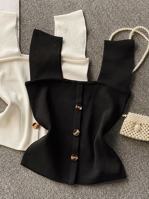 Women's Tanks Camis Summer Knitted Top Buttoned Crop Lady For s Square Neck Spaghetti s 230204Z