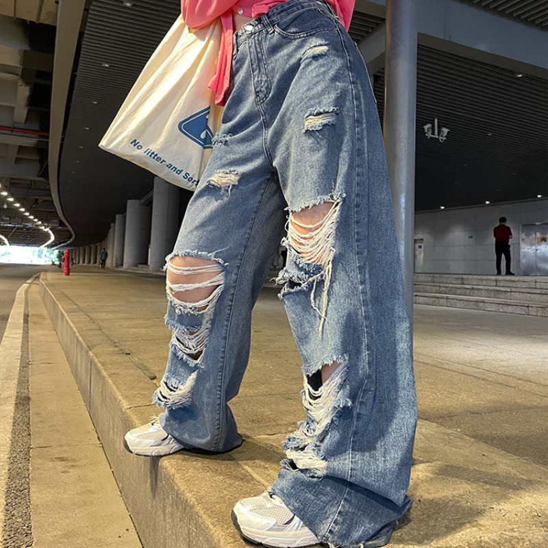 Women's Jeans Spring and Autumn street jeans Ripped High waisted baggy Wide leg Y2K hip hop pants Blue fashion 230206