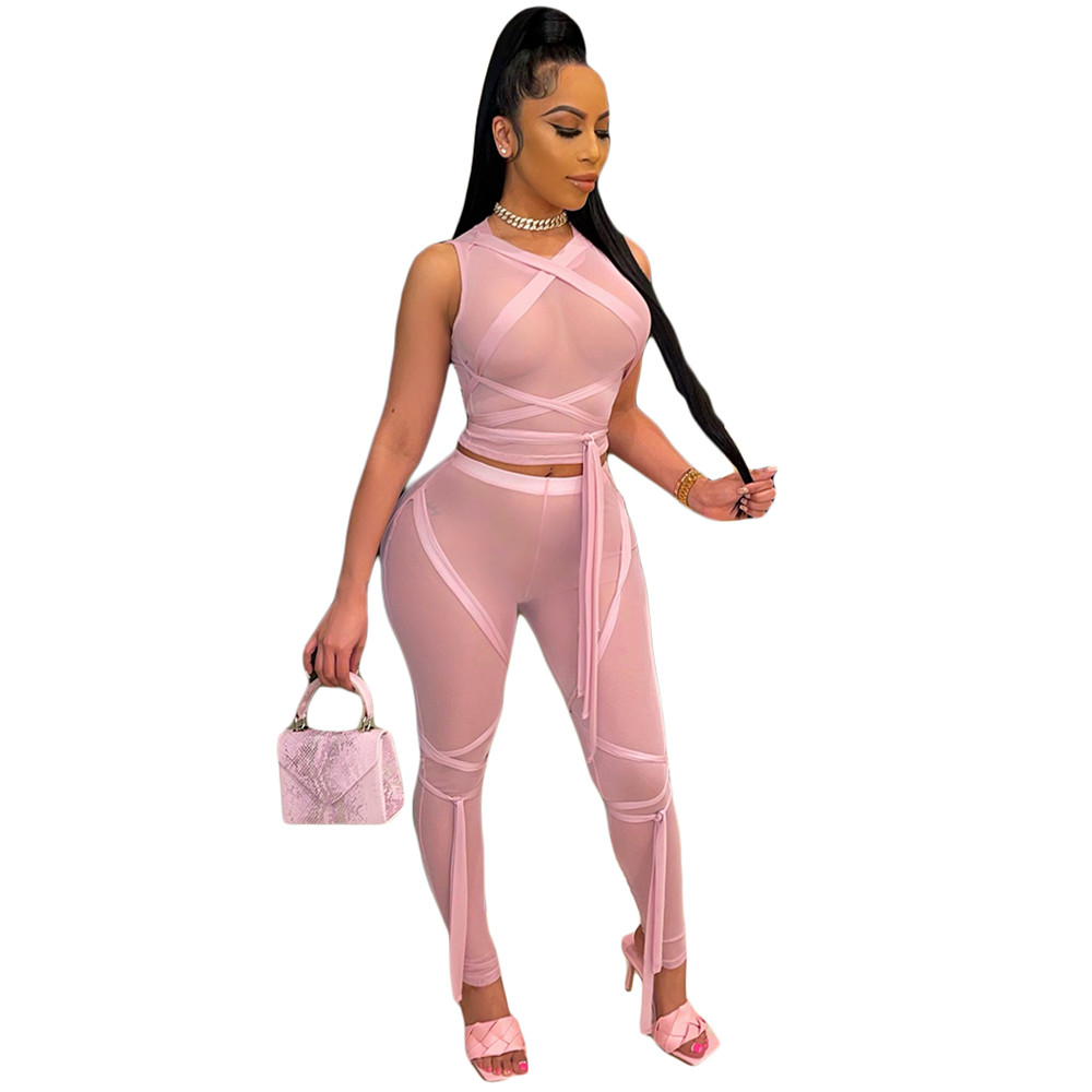 NEW Designer Outfits Women Mesh Tracksuits Two Piece Sets Summer Bandage Sheer Shirt Top and Mesh Leggings Sexy Night Club See Through Clothes 9226