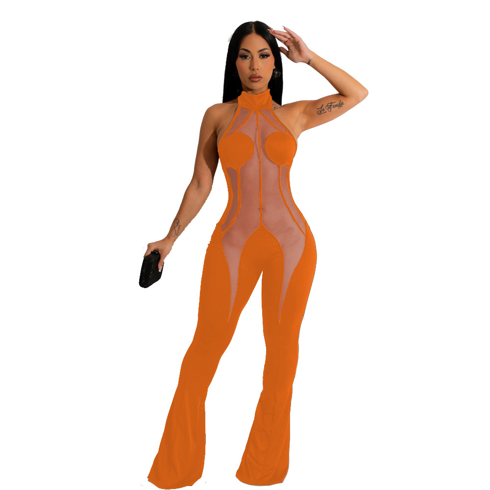 NEW Designer Mesh Patchwork Jumpsuits Women Spring Summer Clothes Sleeveless Velvet Rompers Sexy Bodycon Flare Pants Casual One Piece Outfits Wholesal