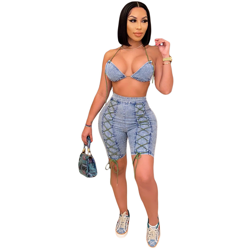 Designer Tracksuits Women Denim Two Piece Sets Spring Summer Clothes Sexy Bandage Bra Top and Short Pants Matching Sets Blue Jeans 2pcs suits 9229