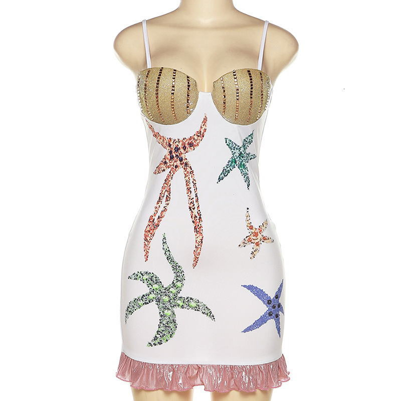 Party Dresses Adogirl s Starfish Print Padded Mini Dres Sexy Spaghetti Straps Ruffles Stitching Bodycon Clubwear Skirts 230105