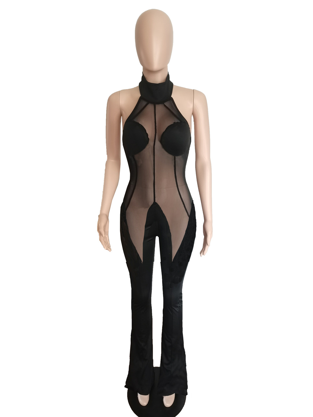 NEW Designer Mesh Patchwork Jumpsuits Women Spring Summer Clothes Sleeveless Velvet Rompers Sexy Bodycon Flare Pants Casual One Piece Outfits Wholesal