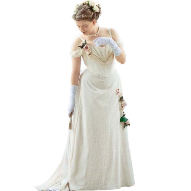 Vintage Beige Lace A-Line Wedding Dresses Victorian Style Corset Long Bridal Gowns Pleats Beaded Straps Off Shoulder Bride Reception Wear Plus Size Ve