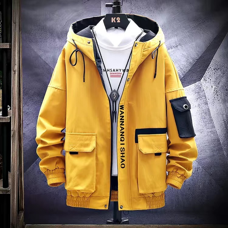 Mens Jackets Long Sleeved Cargo jacket men harajuku windbreaker jackets hooded hiphop streetwear zipper coats with big pockets 230207