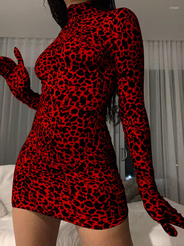 Casual Dresses Christmas Dress Women Fall Long Sleeve Leopard Print Skinny Mini With Glove Bodycon Turtleneck Vintage Partywear