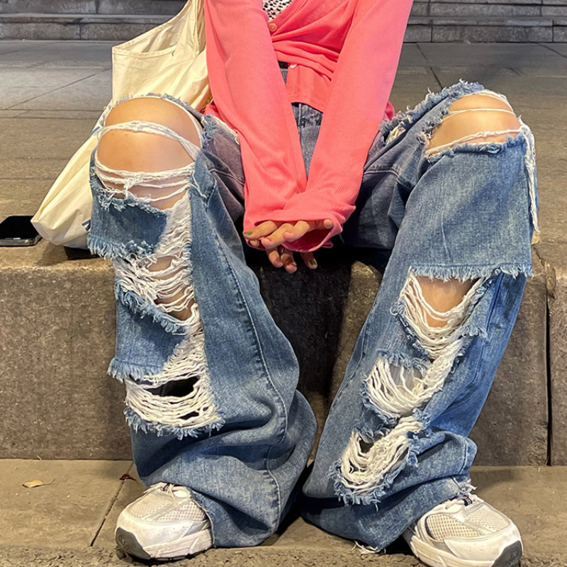 Women's Jeans Spring and Autumn street jeans Ripped High waisted baggy Wide leg Y2K hip hop pants Blue fashion 230206