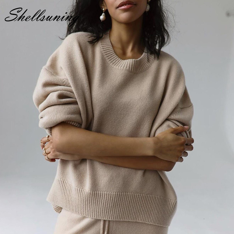 Women's Sweaters Shellsuning Leisure O Neck Solid Long Sleeve Sweater Women Loose Soft Cashmere Jumper Female Elegant Knitted Basic Pullovers 230