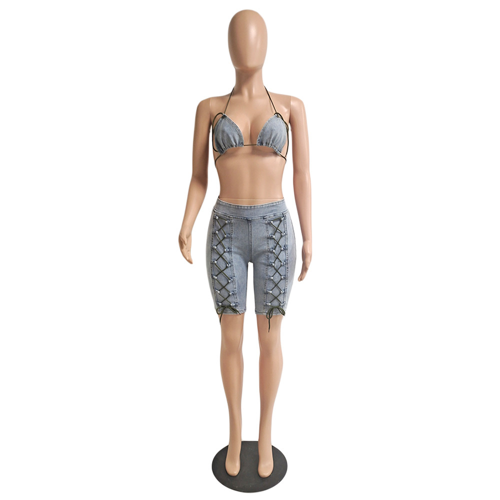 Designer Tracksuits Women Denim Two Piece Sets Spring Summer Clothes Sexy Bandage Bra Top and Short Pants Matching Sets Blue Jeans 2pcs suits 9229