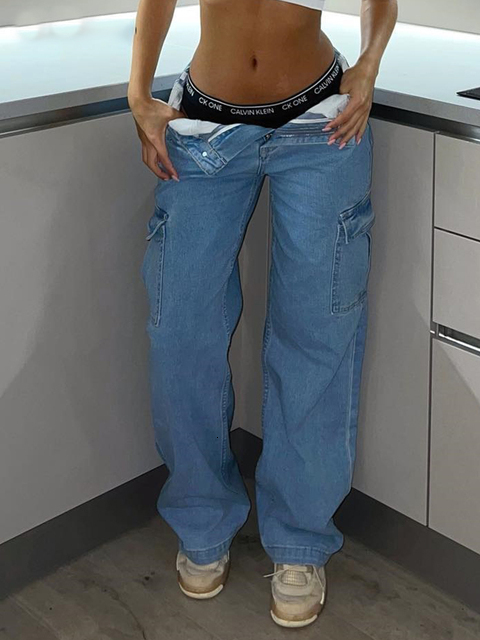 Women's Jeans Straight Leg Cargo Pant High Waist Casual Baggy Slim Vintage Y2k Streetwear Elastic Wide Trousers Fashion 230206