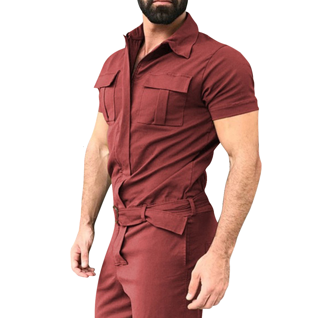 Men's Tracksuits Adisputent Cotton Blends Jumpsuit Mens Overalls Casual Notched Short Sleeve Rompers Solid Overall Zipper Romper Pocket Trousers 