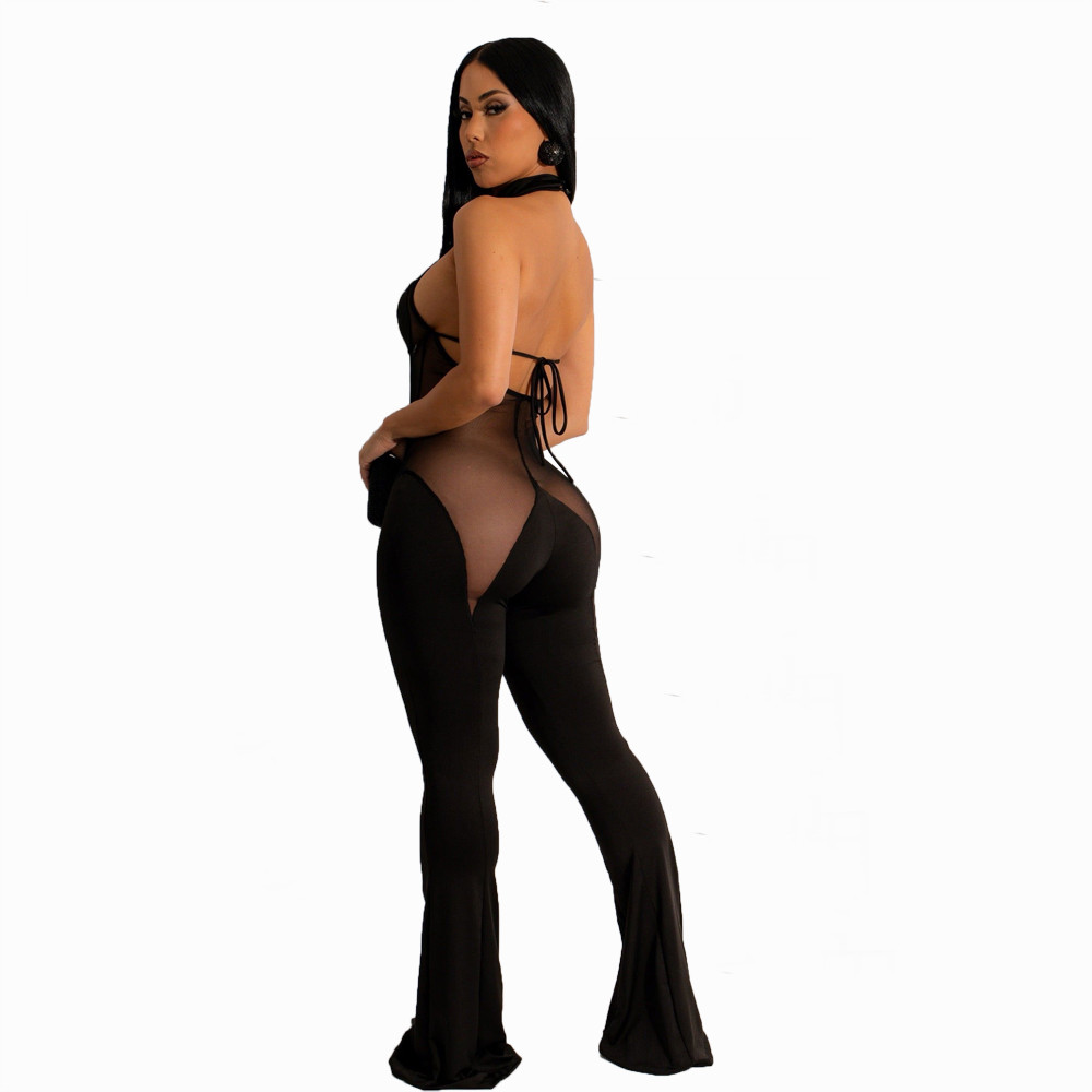 NEW Designer Mesh Patchwork Jumpsuits Women Spring Summer Clothes Sleeveless Velvet Rompers Sexy Bodycon Flare Pants Casual One Piece Outfits Wholesal