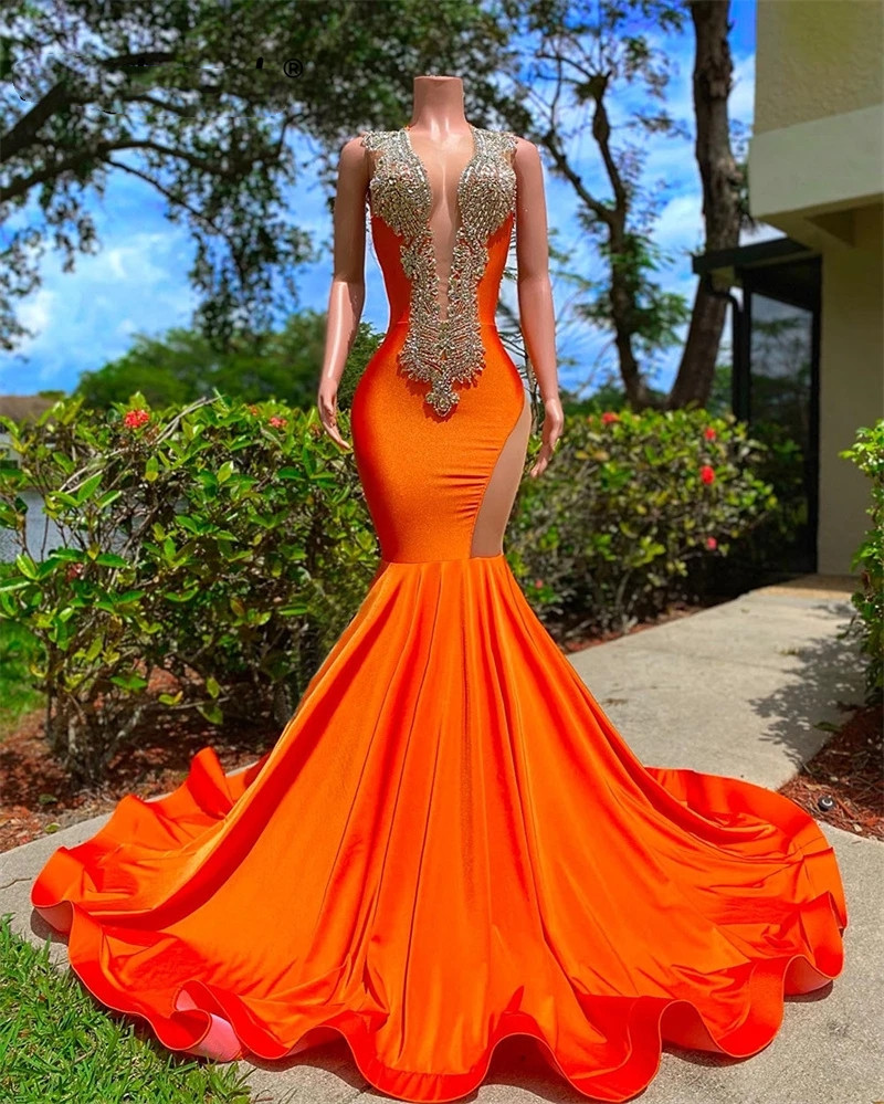 Prom Sexy Crystals Mermaid Dress For Black Girls Orange Satin Sheer Neck Sparkly Party Gowns Robe De Bal