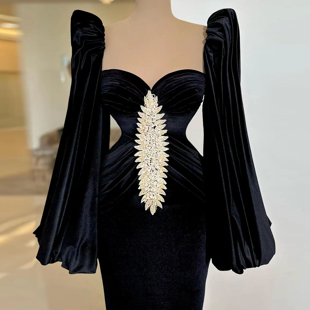 Black Prom Dresses Mermaid Long Sleeves Velvet Middle East Reception Party Dress African Evening Gowns