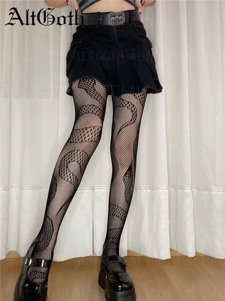 Socks Hosiery AltGoth Emo Alternative Snake Fishnet Stocking Women Punk Y2k 90s Streetwear Gothic Tight Sock Harajuku Nightclub Panty Hose 230206