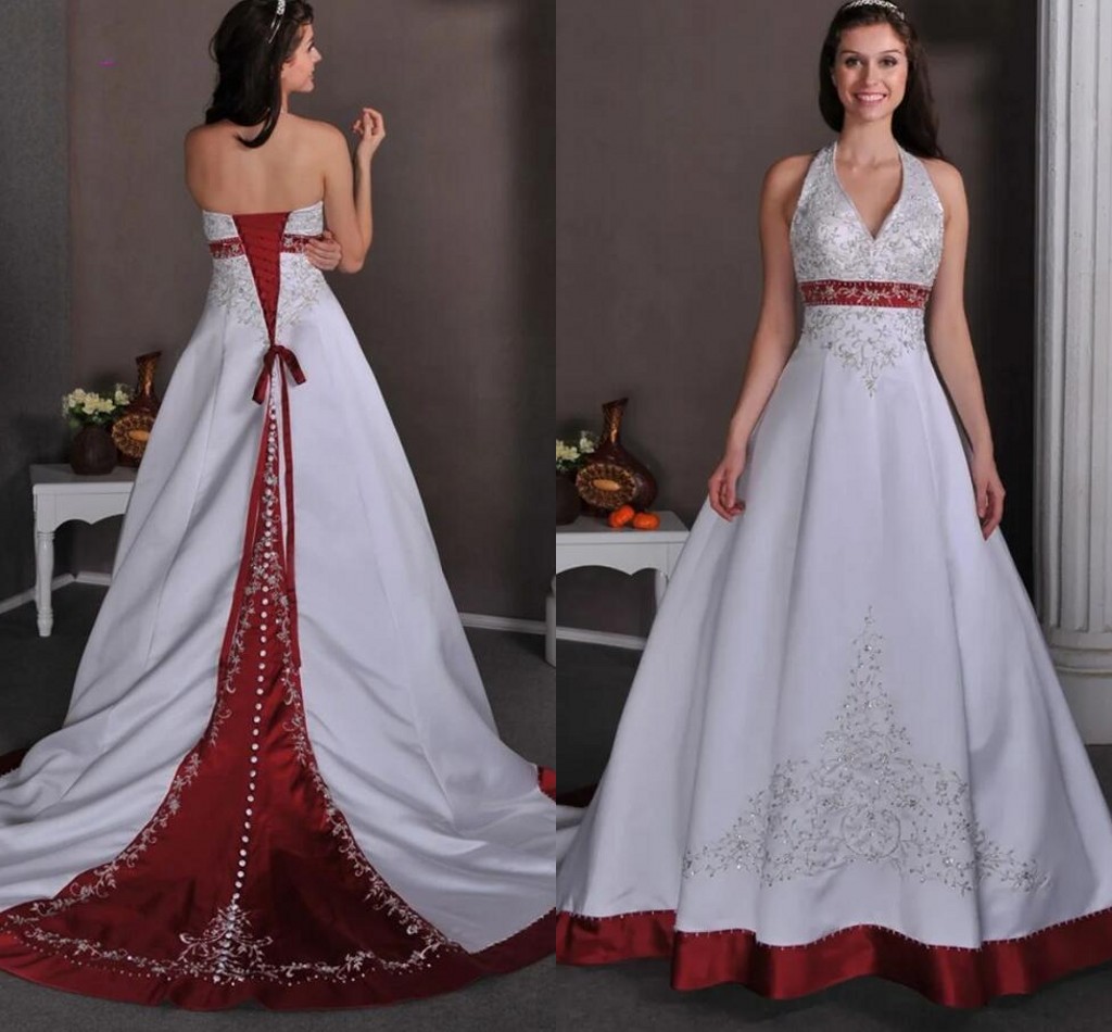 Vintage White Burgundy Stain a-line Wedding Dresses 2023 Retro Halter Beaded Embroidery Lace-up Corset Western Country Bridal Gowns
