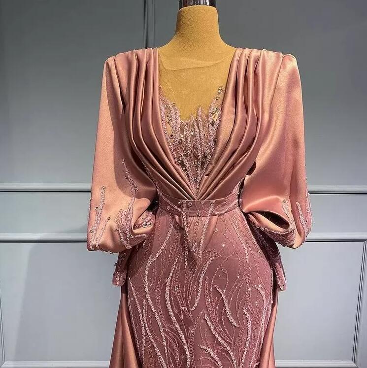 Arabic Aso Ebi Mermaid evening Dresses with train rose pink Beaded applique Long Sleeves Prom Formal Party Second gown robes