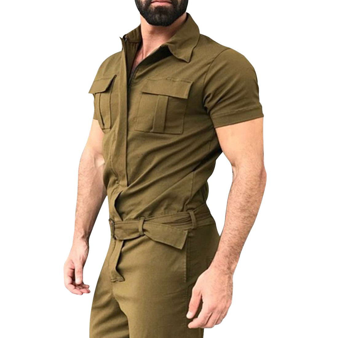 Men's Tracksuits Adisputent Cotton Blends Jumpsuit Mens Overalls Casual Notched Short Sleeve Rompers Solid Overall Zipper Romper Pocket Trousers 