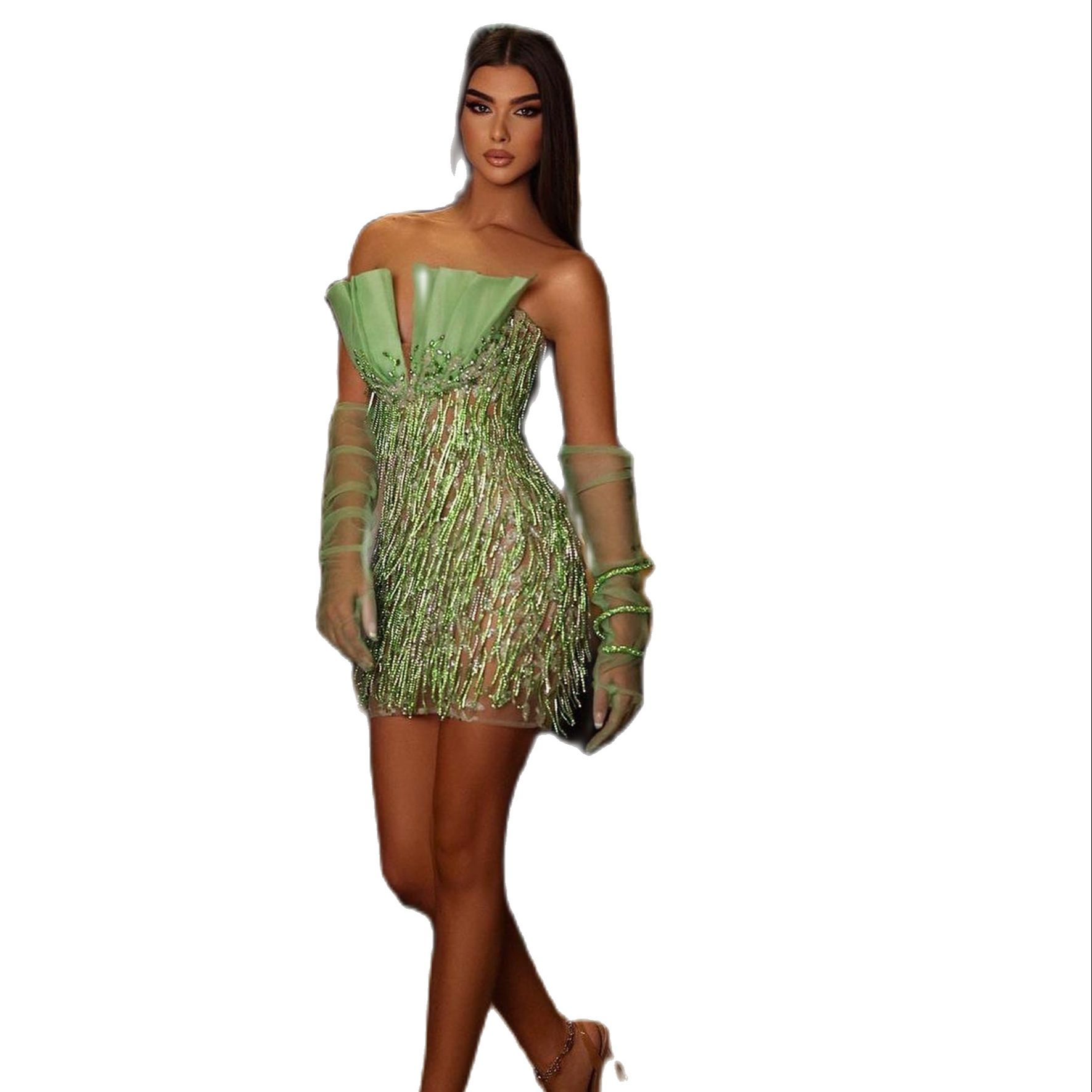 Mini Green Beaded Tassel Prom Dresses Illusion Beading Sleeveless Tailor Made Evening Gowns Robe De Mariee