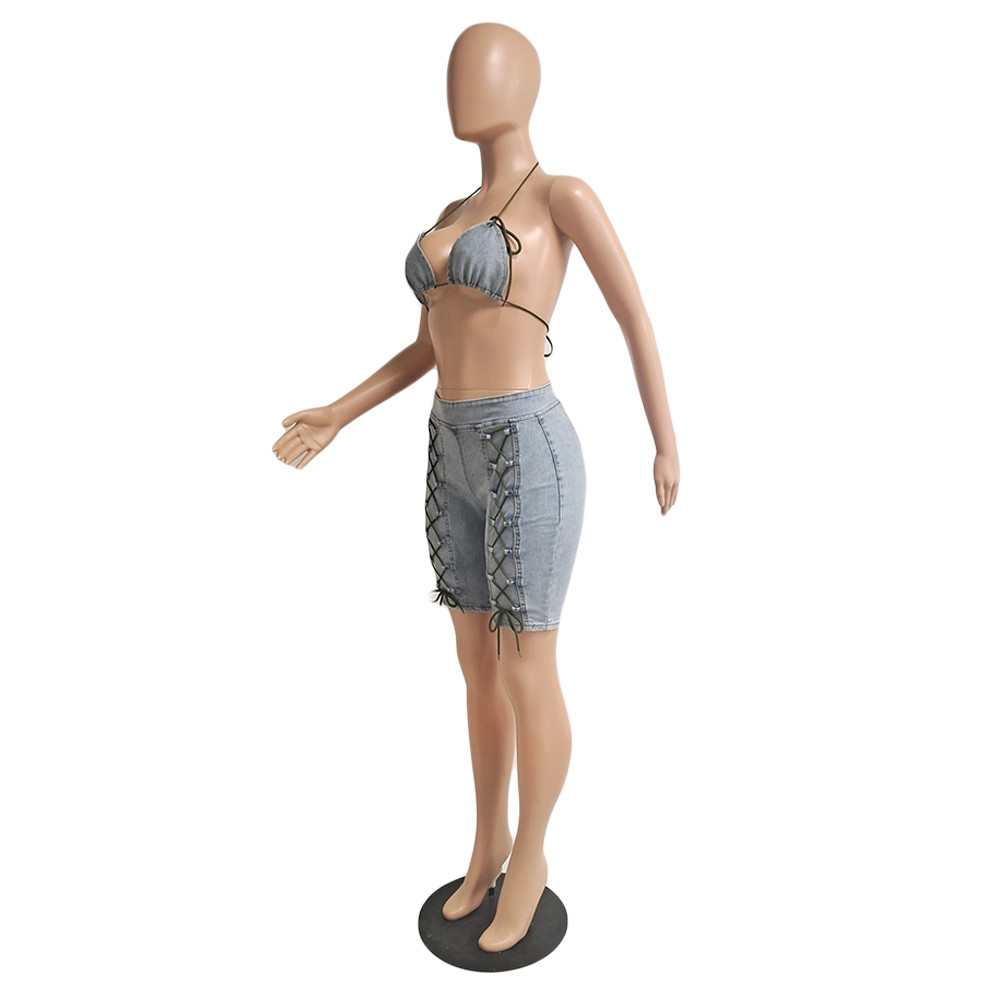 Designer Tracksuits Women Denim Two Piece Sets Spring Summer Clothes Sexy Bandage Bra Top and Short Pants Matching Sets Blue Jeans 2pcs suits 9229