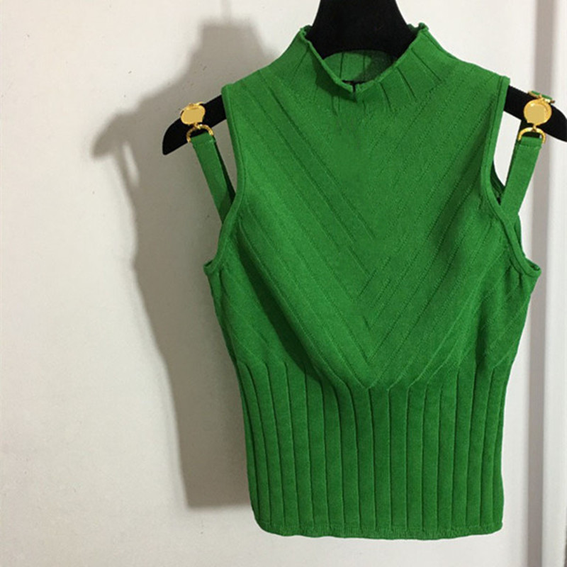 New Sexy Summer T-shirts Tops Tees Stand Collar Sleeveless with golden button Slim Fashion Knitted Tee Top Beach Party T shirt