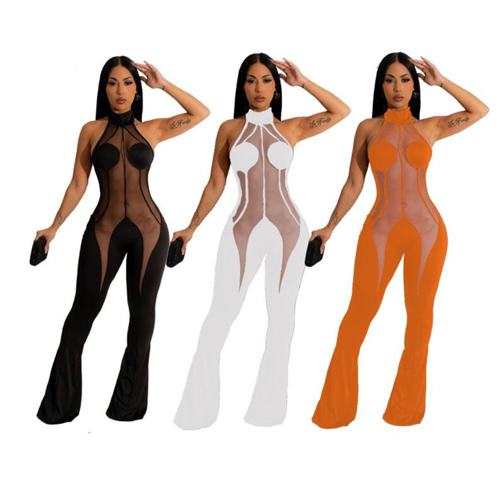 NEW Designer Mesh Patchwork Jumpsuits Women Spring Summer Clothes Sleeveless Velvet Rompers Sexy Bodycon Flare Pants Casual One Piece Outfits Wholesal