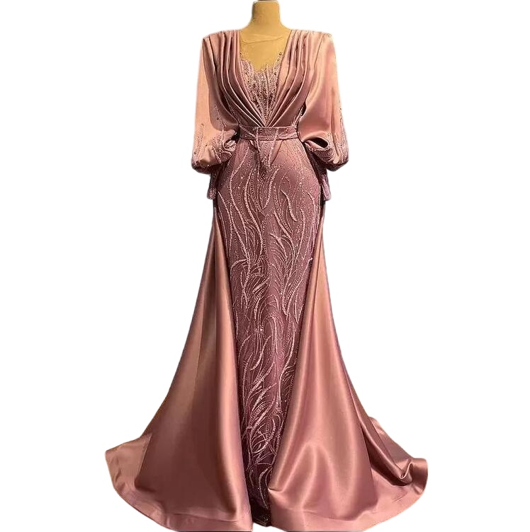 Arabic Aso Ebi Mermaid evening Dresses with train rose pink Beaded applique Long Sleeves Prom Formal Party Second gown robes