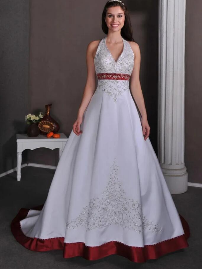 Vintage White Burgundy Stain a-line Wedding Dresses 2023 Retro Halter Beaded Embroidery Lace-up Corset Western Country Bridal Gowns