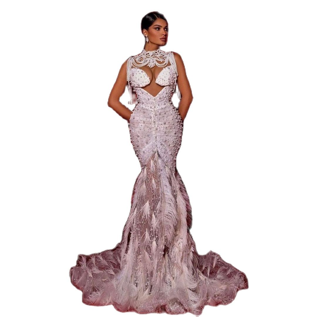 Elegant Mermaid Wedding Dresses With Sexy Pearls O-Neck New Feather Brush Train Shine Lace Bridal Gown Custom Made Robes De Mariee