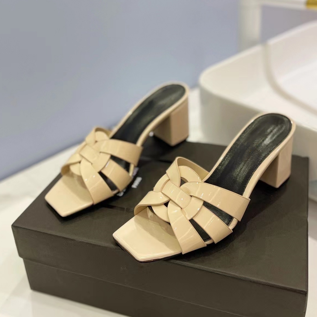 Slippers Womens slip-on patent leather shoes 6.5CM medium heel summer classic open toe sandals thick heel designer factory size 35-42 with box
