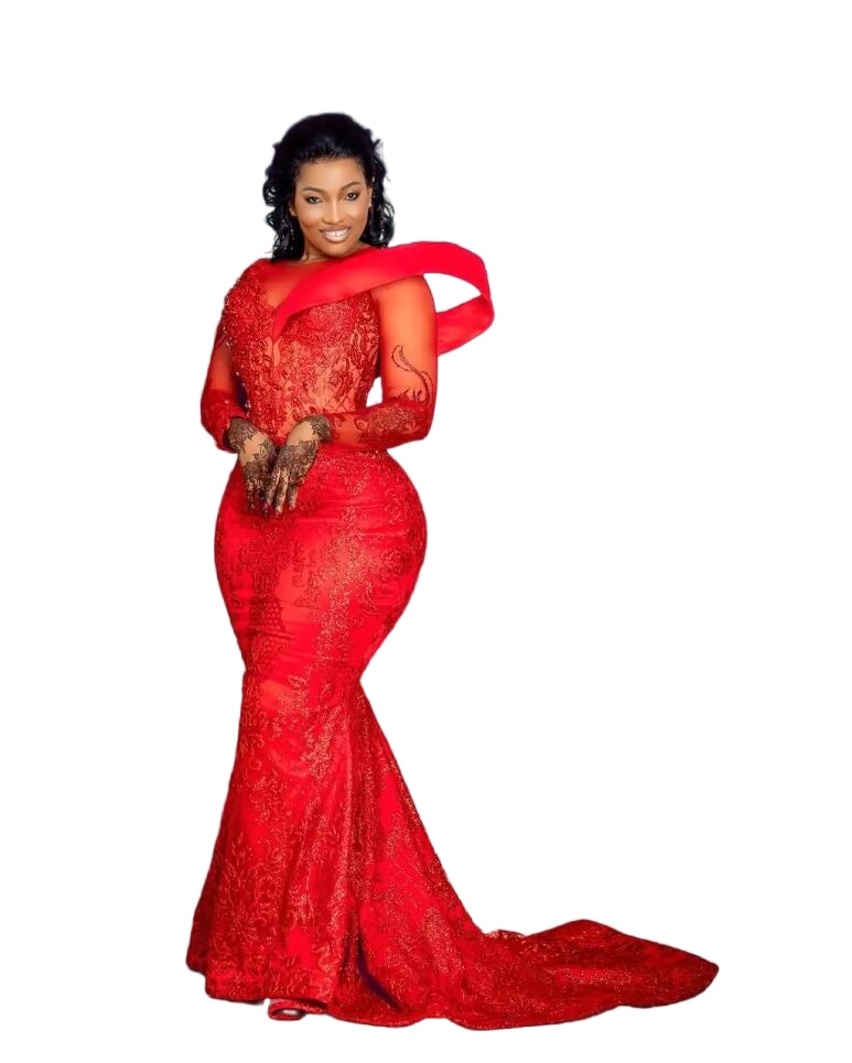 Arabic Aso Ebi Red Mermaid Prom Dresses illusion long sleeve lace Beaded Crystals Evening Formal Party Second Reception Gown