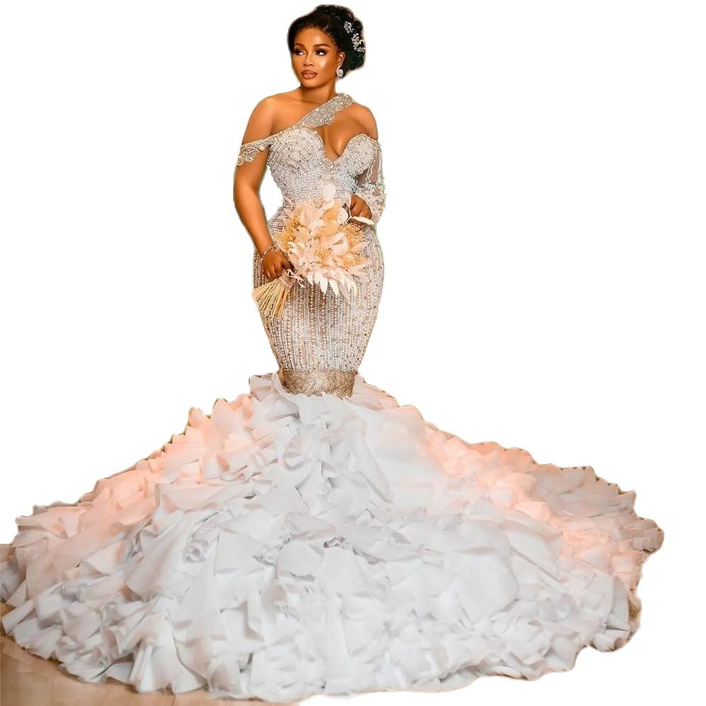 Plus Size Mermaid Wedding Dress Tailored Beads One Shoulder Crystal Wedding Gowns Ruffles Sweep Train Illusion Bridal Dresses