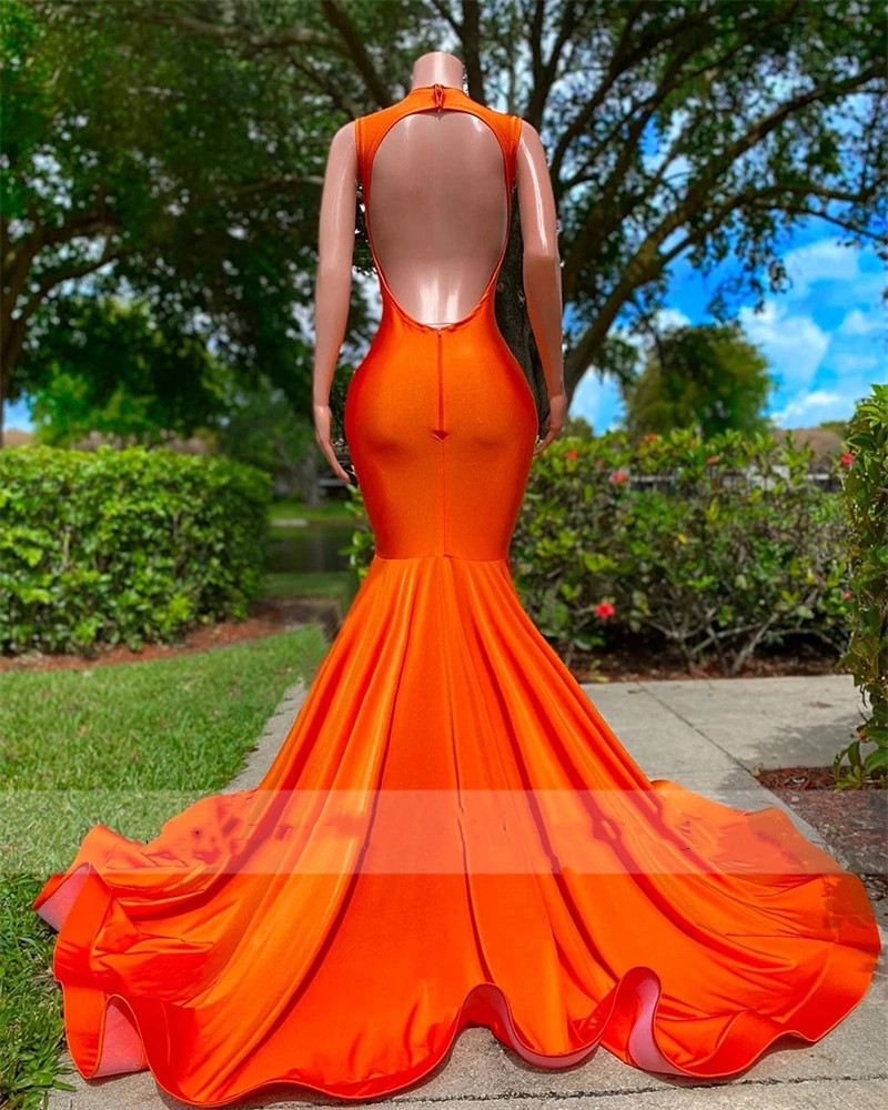 Prom Sexy Crystals Mermaid Dress For Black Girls Orange Satin Sheer Neck Sparkly Party Gowns Robe De Bal